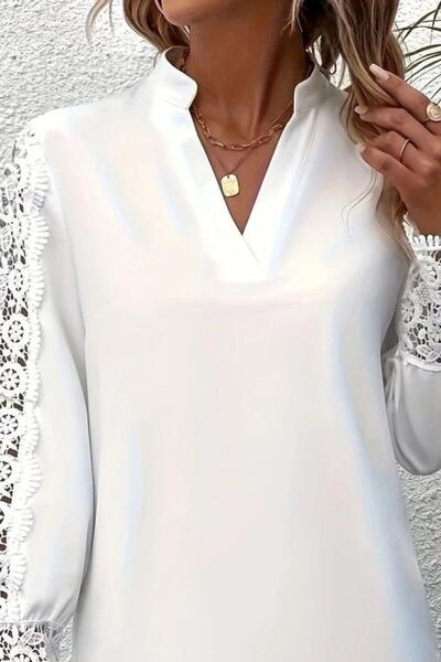 Mossta Hakim Collar Lace Sleeves Imported Crepe Blouse - White