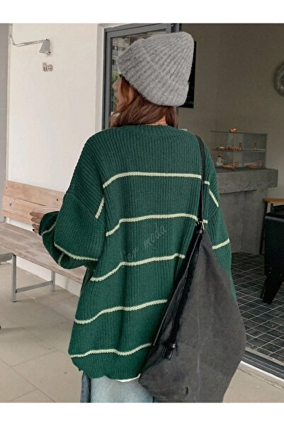 Dier Moda Women's Thin Striped Crew Neck over Size Knitwear Sweater, Knitwear Sweater Fmoda1200