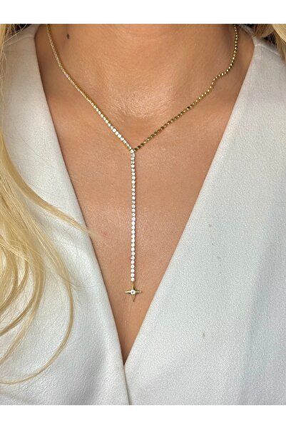 YOUES JEWELRY Çelik Zirkon Taşlı Su Yolu Y Kadın Kolye GOLD 14K RENK