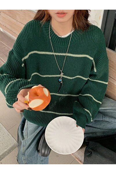 Dier Moda Women's Thin Striped Crew Neck over Size Knitwear Sweater, Knitwear Sweater Fmoda1200