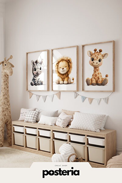 Posteria 3'lü Tatlı Safari Hayvan Tasarımlı Çocuk ve bebek Odası Tablosu, Doğ...