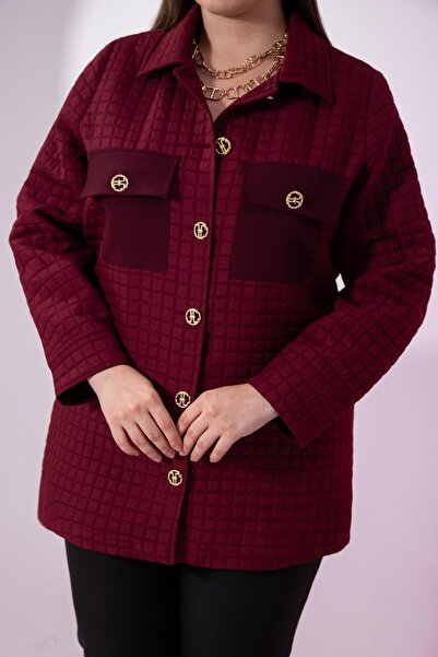 Roxxlen 3330725 Μπουφάν με κουμπιά μεγάλου μεγέθους με καπιτονέ λεπτομέρεια μπορντό