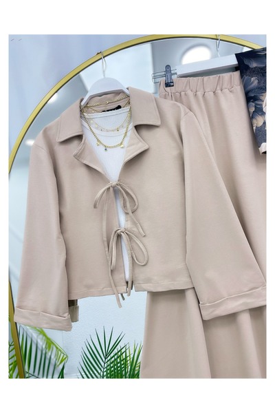 YEDİLALE Combed Cotton Jacket Skirt Dual-Piece Set with Front Tie Collar [Unlined, Jacket and Skirt Are Included in the Price.]