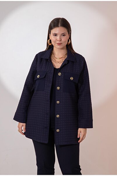 Roxxlen 3330725 Μπουφάν με κουμπιά με λεπτομέρειες και καπιτονέ σε μπλε ναυτικό