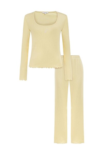 Jaya Kare Yaka Ribana Uzun Kollu Pijama Takımı / Sarı