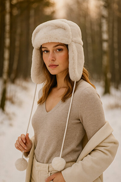 keisy Women's Hat with Headphones and Fur Pom-Pom (Cream)