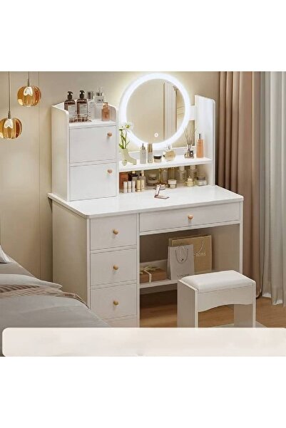 NKX طاولة مكياج متعددة الوظائف، مرآة LED مع أدراج وكرسي 80 سم