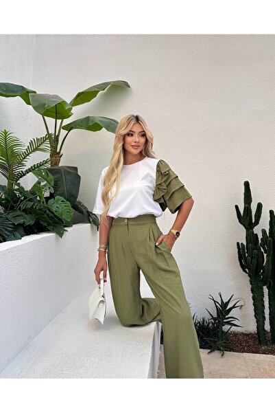 OLSAMODA Women's Sleeve-Detail T-Shirt Woven Casual Pants Double Set