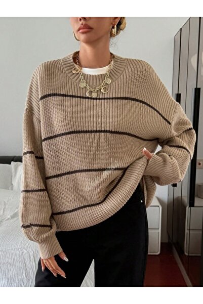 Dier Moda Women's Thin Striped Crew Neck over Size Knitwear Sweater, Knitwear Sweater Fmoda1200