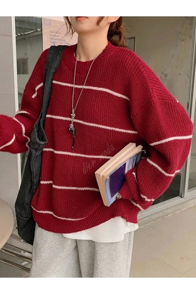 Dier Moda Women's Thin Striped Crew Neck over Size Knitwear Sweater, Knitwear Sweater Fmoda1200