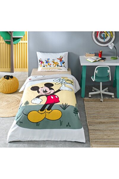 Özdilek Disney Licensed Mickey Nomadic Yellow Single Size 100% Cotton Duvet Cover Set with Elastic Sheets