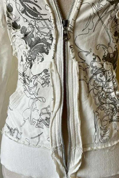 Karakedi White Gothic Flower Pattern Y2K Crop Cardigan