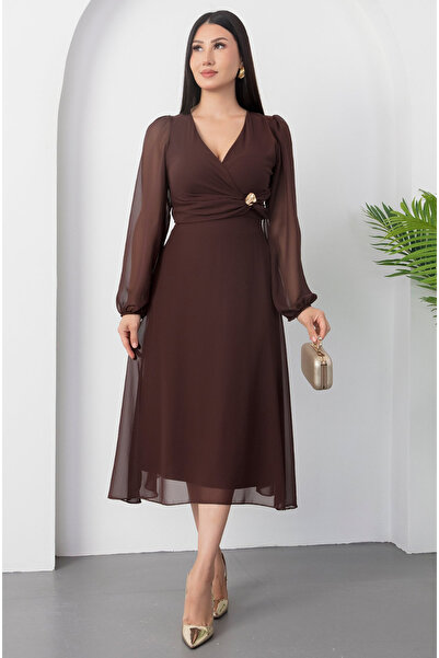 Afiş Butik Кафява дамска рокля с дълъг ръкав, шифон, кръстосана деколте и колан в талията
