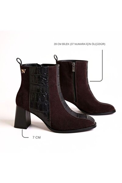 NE&VE SHOES Καφέ σουέντ γνήσιο δέρμα κροκόδειλου συνδυασμός υφασμάτων Γυναικείες μπότες με χοντρό τακούνι, κομψές και άνετες