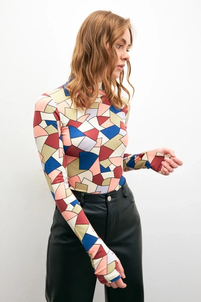 Yefrastore Women's Pastel Color Piece Patterned Finger Detailed Bodysuit