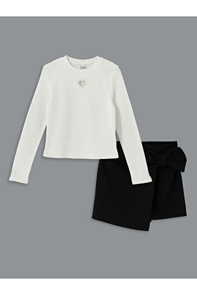 LC Waikiki LCW Kids Bisiklet Yaka Taş Baskılı Kız Çocuk Tişört ve Şort Etek