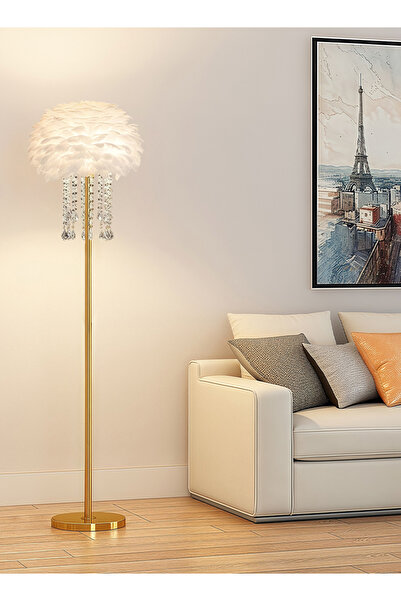 Zeno Modern Feather Crystal Floor Lamp, Gold Iron, 3-Color Dimming, Foot Switch, 1.4m, Living Room