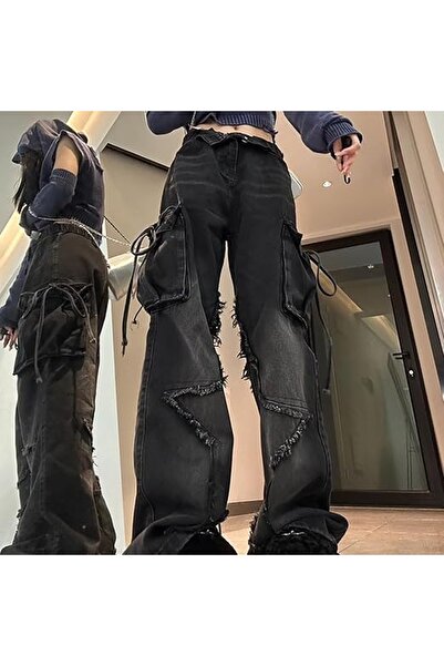 Karakedi Black Star Patched Vintage Cargo Pocket Baggy Jeans