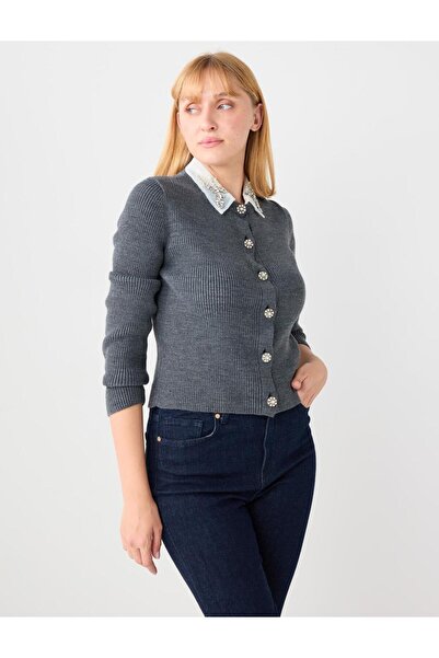 Jimmy Key Antrasit Dar Kesim Yakası İnci ve Taş Detaylı Triko Hırka