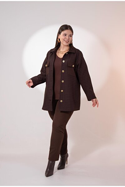 Roxxlen 3330725 Μπουφάν με κουμπιά μεγάλου μεγέθους με καπιτονέ καφέ