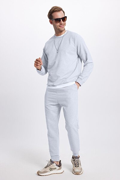 Tudors Men's relax fit cotton 2 thread soft texture crew neck grey tracksuit set