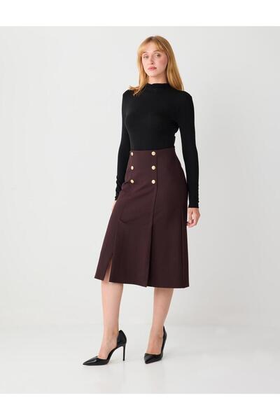 Jimmy Key Fusta Midi din material subțire Bitter Brown cu detaliu cu nasturi la talie normală