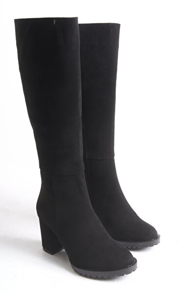 Ayakkabı Delisiyim Cizme de damă din piele intoarsa neagra cu toc gros, cu platforma, cu fermoar, cizme sub genunchi Seli