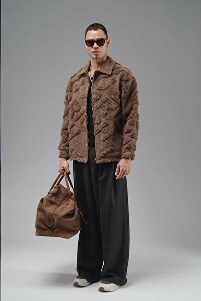 AKÇAYLAR Oversized Plush Jacket with Snap Closure on the Front, Without Lining and Without Pockets