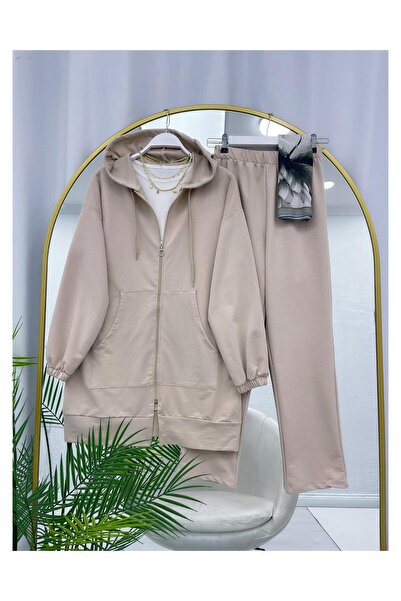 YEDİLALE Hooded Zippered Kangaroo Pocket Casual Jacket Pants Two-Piece Set