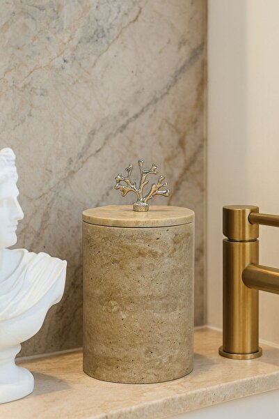 Modestmar Natural Travertine Trash Can - with Silver Coral Object