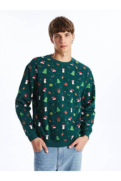 LC Waikiki Xside Green Crew Neck Long Sleeve Christmas Themed Men's Thick Sweatshirt
