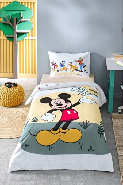 Özdilek Disney Licensed Mickey Nomadic Yellow Single Size 100% Cotton Duvet Cover Set with Elastic Sheets