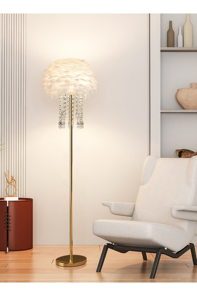 Zeno Modern Feather Crystal Floor Lamp, Gold Iron, 3-Color Dimming, Foot Switch, 1.4m, Living Room