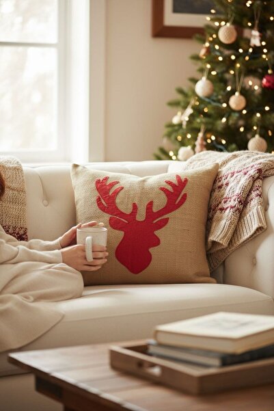 ANJEAHOME Sydney Christmas Patterned Wicker Throw Pillow Cover | 45X45 cm | Embossed Deer Motif | Washable Fabric