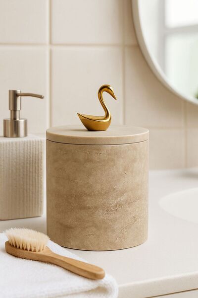 Modestmar Natural Travertine Trash Can - Gold Swan Object