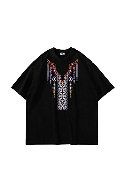 Sekizbiraltı Ethnic Pattern Printed Oversized Unisex Black Tshirt