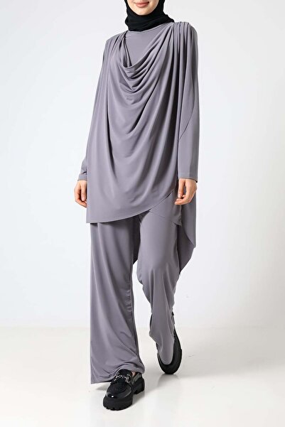 Sabr Sandy Draped Asymmetric Tunic & Pants Two-Piece Set – Elegant Everyday Chic