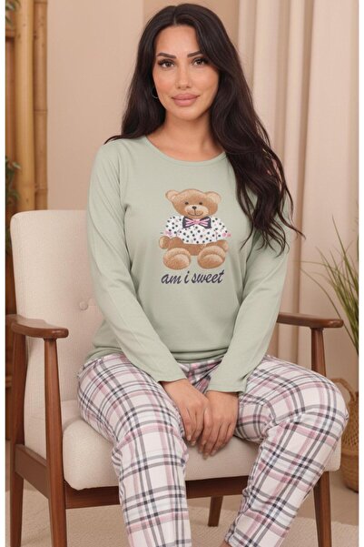 Niket Life Women's Teddy Bear Printed Six Plaid Patterned Interlock Crew Neck Long Sleeve Six Long Pajama Set