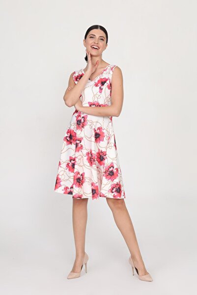Ceylen Kadın Pembe Esnek Dalgıç V Yakalı Desenli Mini Kloş Elbise