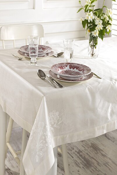 ÖDEL HOME Natural Buldan Silk Corner Embroidered Tablecloth