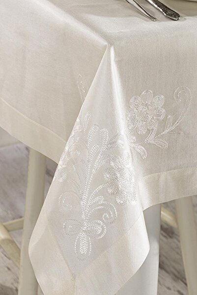 ÖDEL HOME Natural Buldan Silk Corner Embroidered Tablecloth