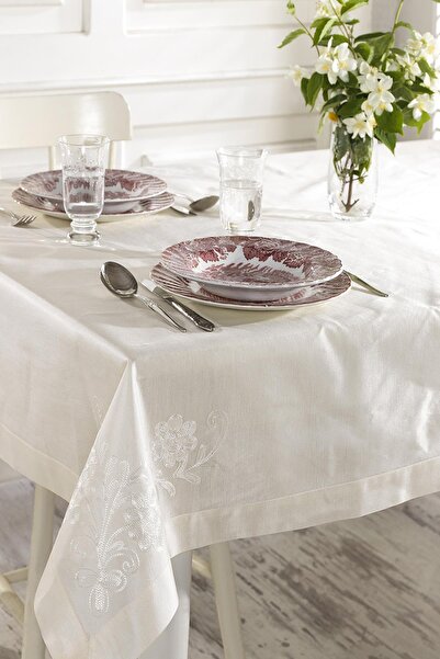 ÖDEL HOME Natural Buldan Silk Corner Embroidered Tablecloth