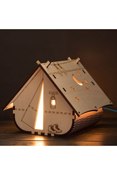hü ma tasarım ve aksesuar Çocuk Genç Odası Için Doğal Ahşap Mdf 3d Puzzle Lazer Kesim Kamp Çadırı - Ev Abajur - Masa Lambası