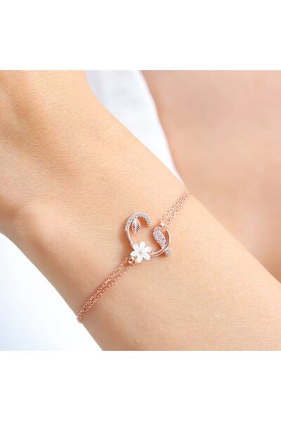 Mia Vento Işıltılı Manolya Çiçeği Ç Harfi Rose Renk Gümüş Harfli Bileklik