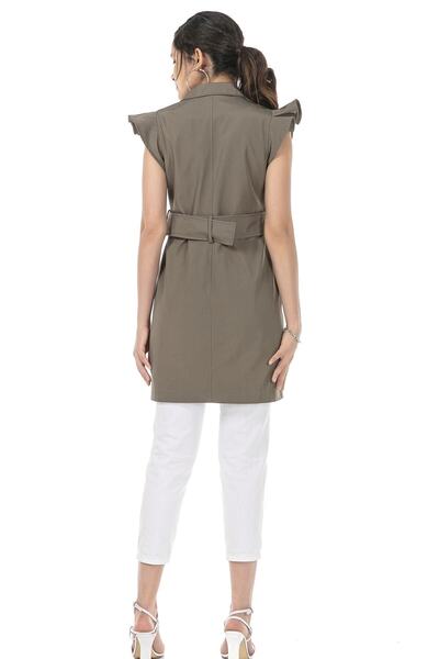 DISENTIS MODEST Моно комір з перехресним застібанням, рукави з воланами, кишені з клапанами, підкладка з поясом, хакі жилет