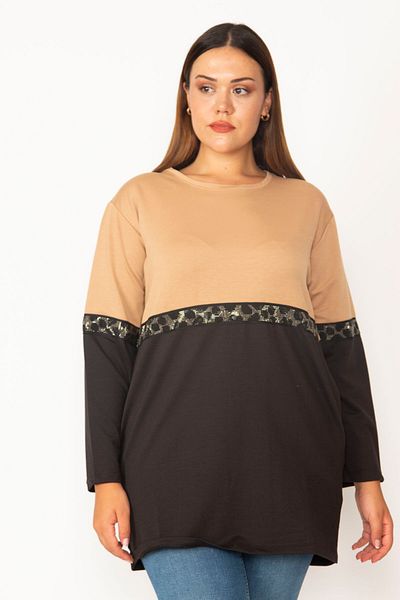 Şans Women's Large Size Camel Print and Pocket Detailed Color Combination Sweatshirt 65n28014