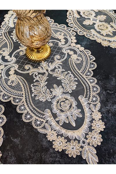 Çt Çeyizci Tekstil Set dormitor din dantela frantuzeasca 3 piese Aur