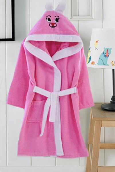 JUNG %100 Pamuklu Kapşonlu Nakışlı Unisex Tavşan Kulaklı Çocuk Bornozu11- 12 Yaş