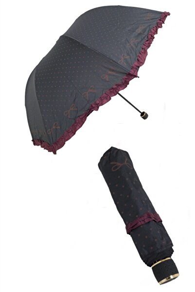 Marlux Rüzgarda Kırılmayan Kurdele Ve Fırfır Detaylı Siyah Kadın Şemsiyesi