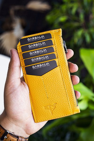 Garbalia Blush Genuine Leather Zippered Mustard Yellow Unisex Card Holder Wallet